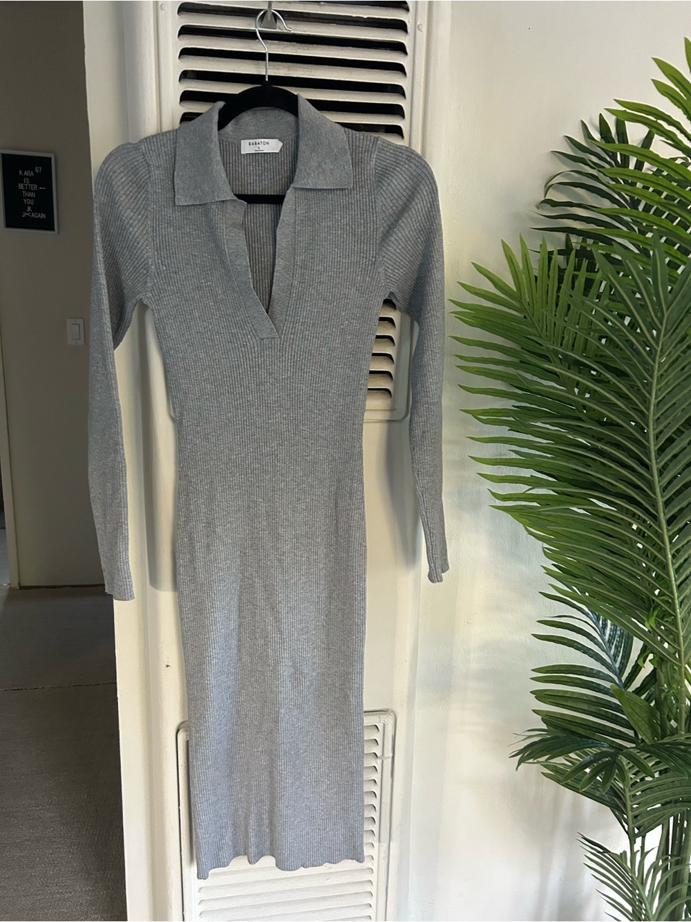 Babaton Light Gray Ribbed Polo Midi Dress